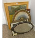 OIL PAINTING OF COLLIE, MAHOGANY FRAMED MIRROR,