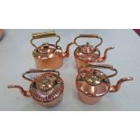 4 19TH CENTURY MINIATURE COPPER KETTLES, TALLEST 10.