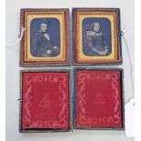 PAIR OF GILT METAL FRAMED AMBROTYPES OF A VICTORIAN COUPLE WITH BLUSHED CHEEKS AND GILT TOUCHES,
