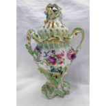 EARLY 19TH CENTURY COALPORT PORCELAIN FLORAL ENCRUSTED GREEN & WHITE 2 HANDLED LIDDED VASE WITH