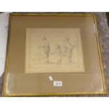 THE FOUR FIGURES UNSIGNED GILT FRAMED PENCIL SKETCH MARKED 'SLACK' TO REAR 23 X 27CM