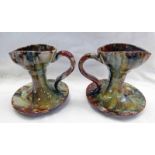 PAIR 19TH CENTURY DUNMORE POTTERY BROWN & GREY GLAZED CHAMBER STICKS - 10CM TALL