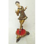 ART DECO STYLE FIGURE OF A WOMAN WITH AN ENAMEL DECORATED TOP ON A SIGNED RED BASE,