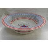 19TH CENTURY SCOTTISH POTTERY SPONGE WARE PINK & BLUE BOWL WITH FLORAL CENTRE BY R.