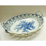 18TH CENTURY ENGLISH BLUE & WHITE PORCELAIN BASKET WITH PIERCED DECORATION & PINE CONE PATTERN,