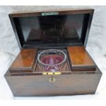 MID 19TH CENTURY ROSEWOOD TEA/CADDY WITH TWIN CANISTERS & CUT GLASS BOWL TO INTERIOR 32CM WIDE