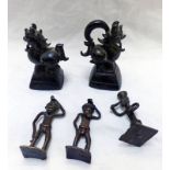 PAIR OF 19TH CENTURY CHINESE BRONZE ANIMAL FIGURES - 8 CM TALL & 3 AFRICAN BRONZE FIGURES