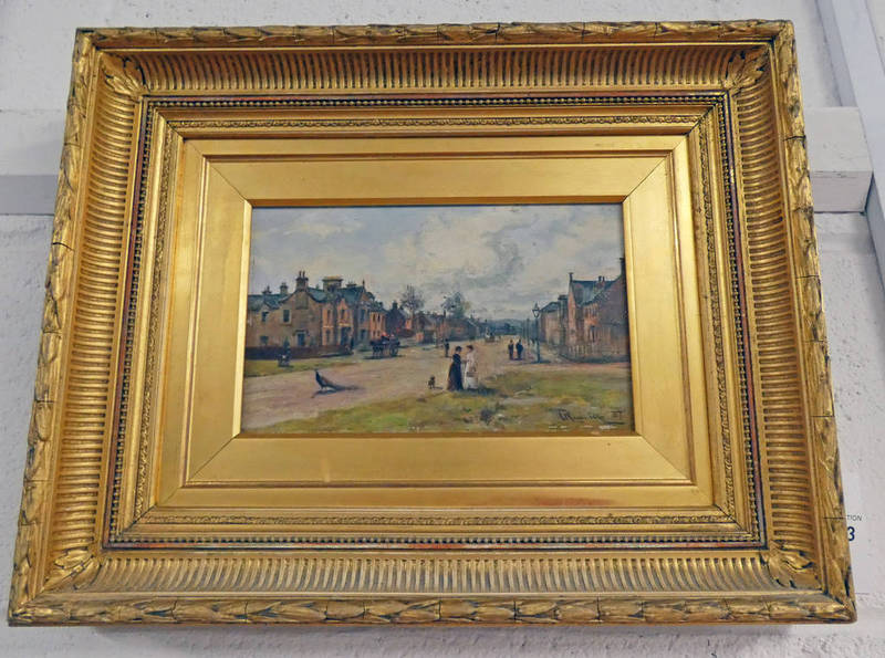 ALLAN RAMSAY, EDZELL HIGH STREET, SIGNED GILT FRAMED OIL PAINTING 13 CM X 21.