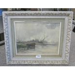 ATTRIBUTED TO W. FRASER BOAT ON RIVER BANK FRAMED OIL PAINTING UNSIGNED OLD LABEL TO REAR 23.5 X 31.