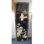 ORIENTAL LACQUER PICTURE WITH MOTHER OF PEARL DECORATION OVERALL SIZE - 91 CMS X 30 CMS