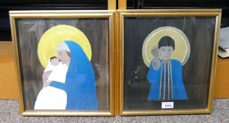 PAIR OF GILT FRAMED PAINTINGS ON PANELS BY MARY-ANNIE BURN TO INCLUDE ICON: THE BOY JESUS & 1 OTHER