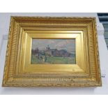 ALLAN RAMSAY EDZELL CHURCH SIGNED GILT FRAMED OIL PAINTING 12 CM X 21 CM