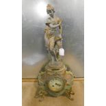 ARTS & CRAFTS STYLE MANTLE CLOCK THE METAL FIGURE ON HARDSTONE BASE WITH PLAQUE PEUREUSE PAR VELY,