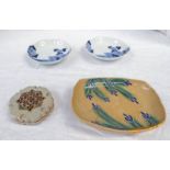 18TH CENTURY STYLE KYOTO WARE POTTERY DISH, PAIR OF SMALL KO-IMARI STYLE BLUE AND WHITE DISHES,