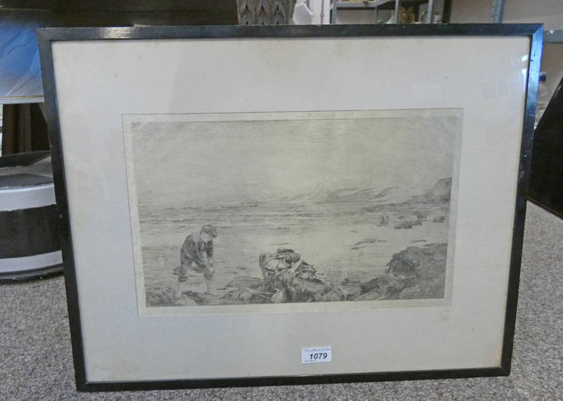 19TH CENTURY FRAMED ETCHING ON SILK OF CHILDREN PLAYING ON A BEACH, 24.