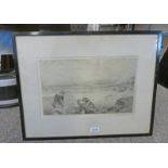 19TH CENTURY FRAMED ETCHING ON SILK OF CHILDREN PLAYING ON A BEACH, 24.