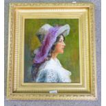 GILT FRAMED OIL PAINTING LADY WITH FEATHER DECORATED BONNET - 34 CMS X 29 CMS