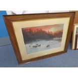 AFTER J FARQUARSON WHEN THE WEST WITH EVENING GLOWS OAK FRAMED ENGRAVING 52 X 74CM
