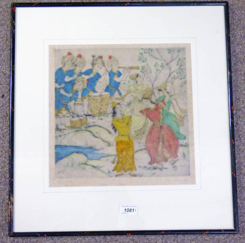ELYSE ASHE LORD, THE DANCE, SIGNED IN PENCIL FRAMED COLOURED TRIAL PROOF ETCHING 29.
