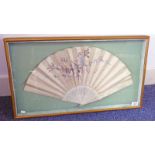 19TH CENTURY FAN WITH BONE STICKS & FLORAL DECORATION - OVERALL SIZE 39 CMS X 69 CMS