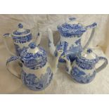 4 COPELAND SPODE ITALIAN BLUE & WHITE WARE COFFEE POTS