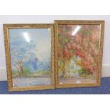 PAIR OF GILT FRAMED WATERCOLOURS BY M.E. HALFORD OF FLOWERING TREE SCENES - LARGEST 52 CM X 36.