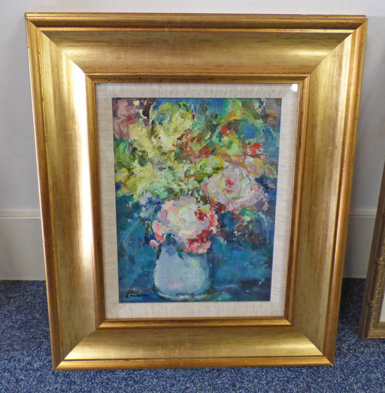 HAMISH LAWRIE - (ARR) STILL LIFE FLOWERS IN VASE SIGNED GILT FRAMED OIL PAINTING 27.