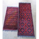 TWO RED AND BLUE EASTERN RUGS - 143 X 55 CMS & 100 X 52 CMS