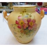 ROYAL WORCESTER BLUSH IVORY CAULDRON VASE WITH 2 HANDLES WITH FLORAL DECORATION 8CM TALL