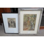 FRAMED WATERCOLOUR OF A WATERFALL SIGNED SMITH 1885 AND A FRAMED ETCHING OF THE SCOTTISH NATIONAL