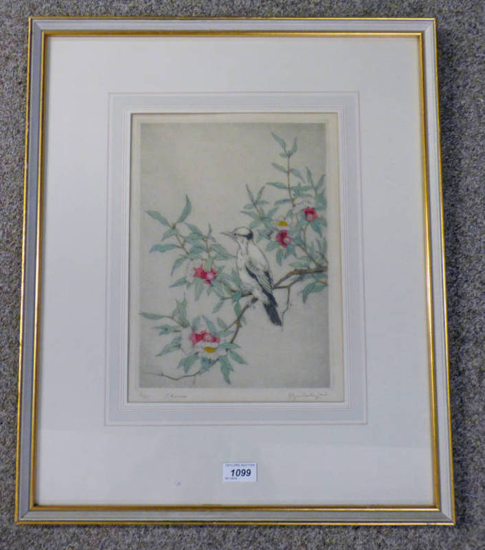 ELYSE ASHE LORD, MOCKINGBIRD IN FLOWERING TREE, SIGNED & MARKED CHINESE IN PENCIL,