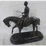 BRONZED FIGURE OF JOCKEY ON HORSE - 40 CMS HIGH ON OVAL BASE