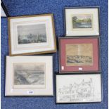 FRAMED ENGRAVINGS - STONEHAVEN HARBOUR, MONTROSE HARBOUR, BRECHIN CASTLE ETC ,