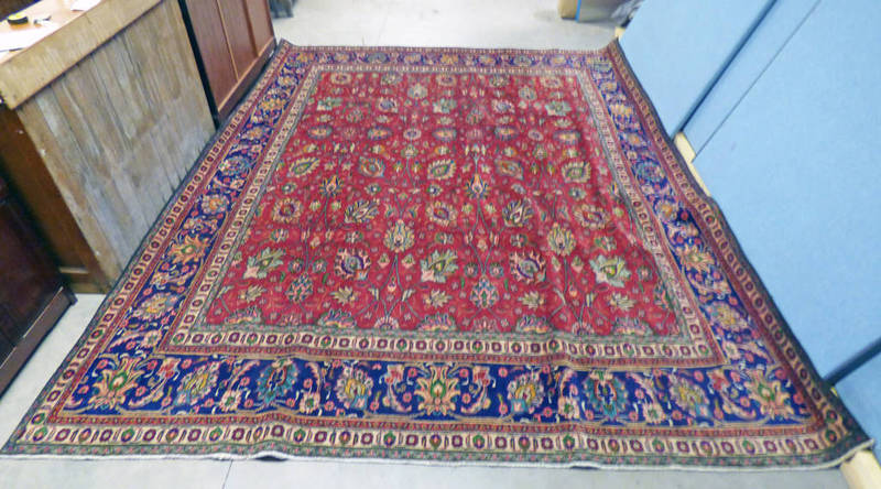 LARGE RED GROUND IRANIAN CARPET TABRIZ ORIGIN UNIQUE ALL OVER FLORAL PATTERN AND BLUE BORDER 390 X