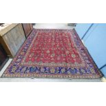 LARGE RED GROUND IRANIAN CARPET TABRIZ ORIGIN UNIQUE ALL OVER FLORAL PATTERN AND BLUE BORDER 390 X