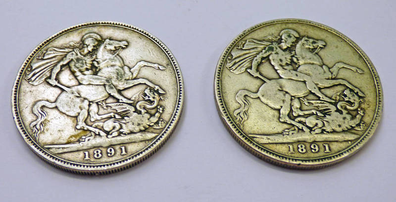 2 X 1891 VICTORIA SILVER CROWN COINS