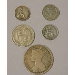 SELECTION OF VARIOUS VICTORIA SILVER GB COINS TO INCLUDE 1873 GOTHIC FLORIN, 1887 SHILLING,