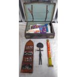 LEATHER TRAVELLING SUITCASE & CONTENTS TO INCLUDE CARVED AFRICAN HARDWOOD FIGURE,