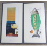 2 FRAMED LINOCUT PRINTS TO INCLUDE 'HOT SMOKED LOVE' 7/20, SIGNED, 26 X 67 CM & 'FARM SIGN' 14/14,