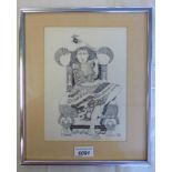 FRAMED WOMAN WITH BIRD ON HER HEAD, SIGNED,