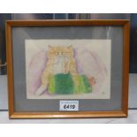 FRAMED DRAWING OF CAT WITH HOT WATER BOTTLE, SIGNED,