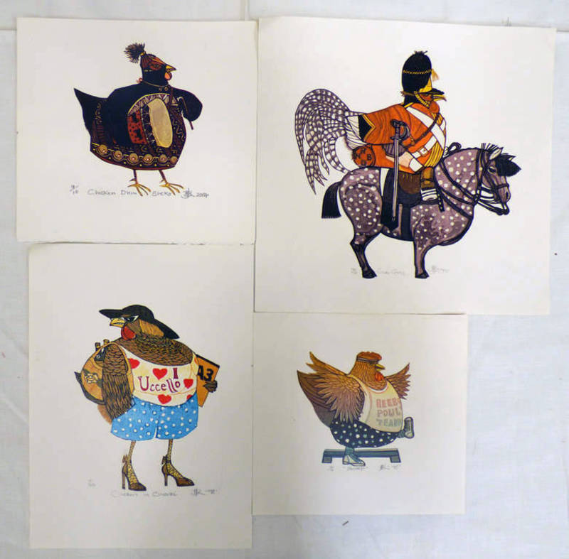 12 SMALL, SIGNED CHICKEN PRINTS,