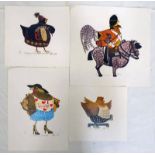 12 SMALL, SIGNED CHICKEN PRINTS,