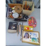 BOX OF ART SUPPLIES TO INCLUDE PAINTS, PENCILS, ELECTRIC SCREWDRIVER,
