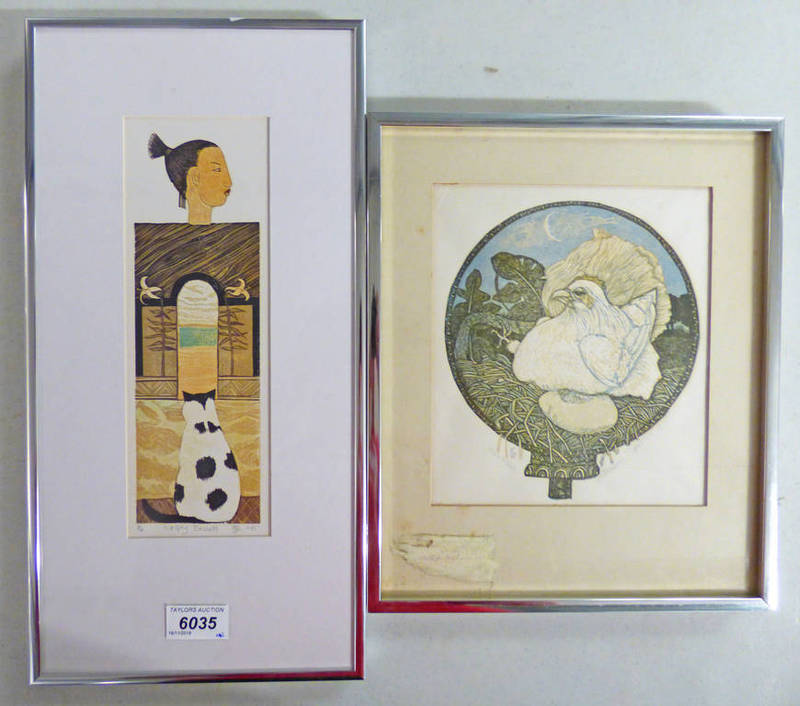 2 FRAMED SIGNED LINOCUT PRINTS TO INCLUDE 'EMPTY BEACH' 6/14, 26 X 9 CM, 'ETHEL'S EGG' 8/15,