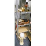 CAST IRON BASED PARAFFIN LAMP, BRASS KETTLE, LEATHER SUITCASE, WHITE METAL TABLE LAMP ETC.