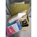 BOX OF ARTS & CRAFTS SUPPLIES INCLUDING LINOLEUM & WOODCUT PRINTING BLOCKS, CARD PANELS,