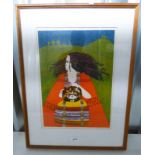 FRAMED LINOCUT PRINT 'RED GOWN' 2/6, SIGNED & DATED 1970,