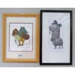 2 FRAMED LINOCUTS 'ZAPPA CHICKEN' 5/8 SIGNED, 20 X 17 CM & 'SHEEP' ARTISTS PROOF, SIGNED,