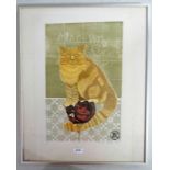 FRAMED LINOCUT PRINT 'MACAVITY RULES OK' 2/10 SIGNED & DATED 1977,